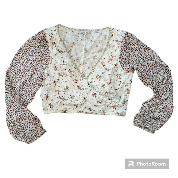 AMERICAN EAGLE Eyelet Mixed Print Cross Front Crop Top Blouse - small - Picture 1 of 8